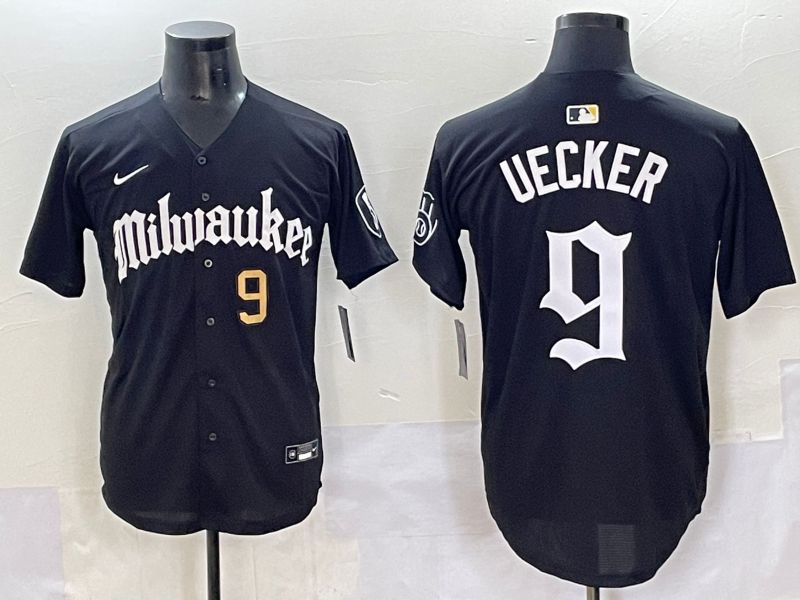 Men 2025 Milwaukee Brewers #9 Uecker Black Five generations Joint Name Nike MLB Jersey style 8->milwaukee brewers->MLB Jersey